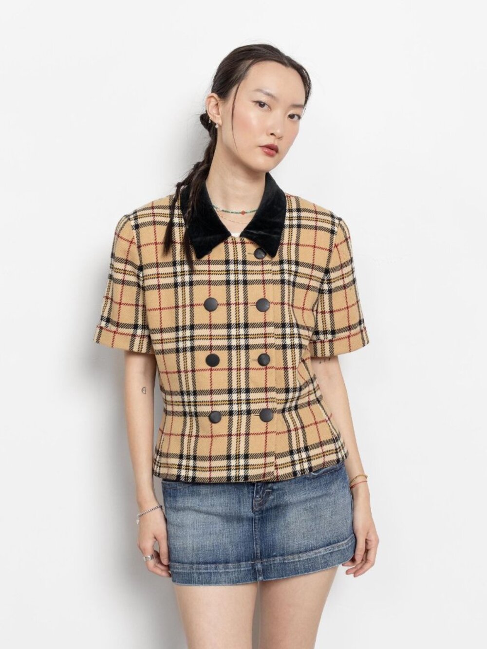 Vintage Plaid Wool Blazer Top: 90s Short Sleeve with Velour Collar Medium